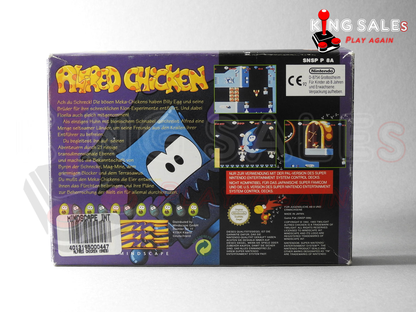 Super Nintendo Videospiel Alfred Chicken in Originalverpackung von hinten