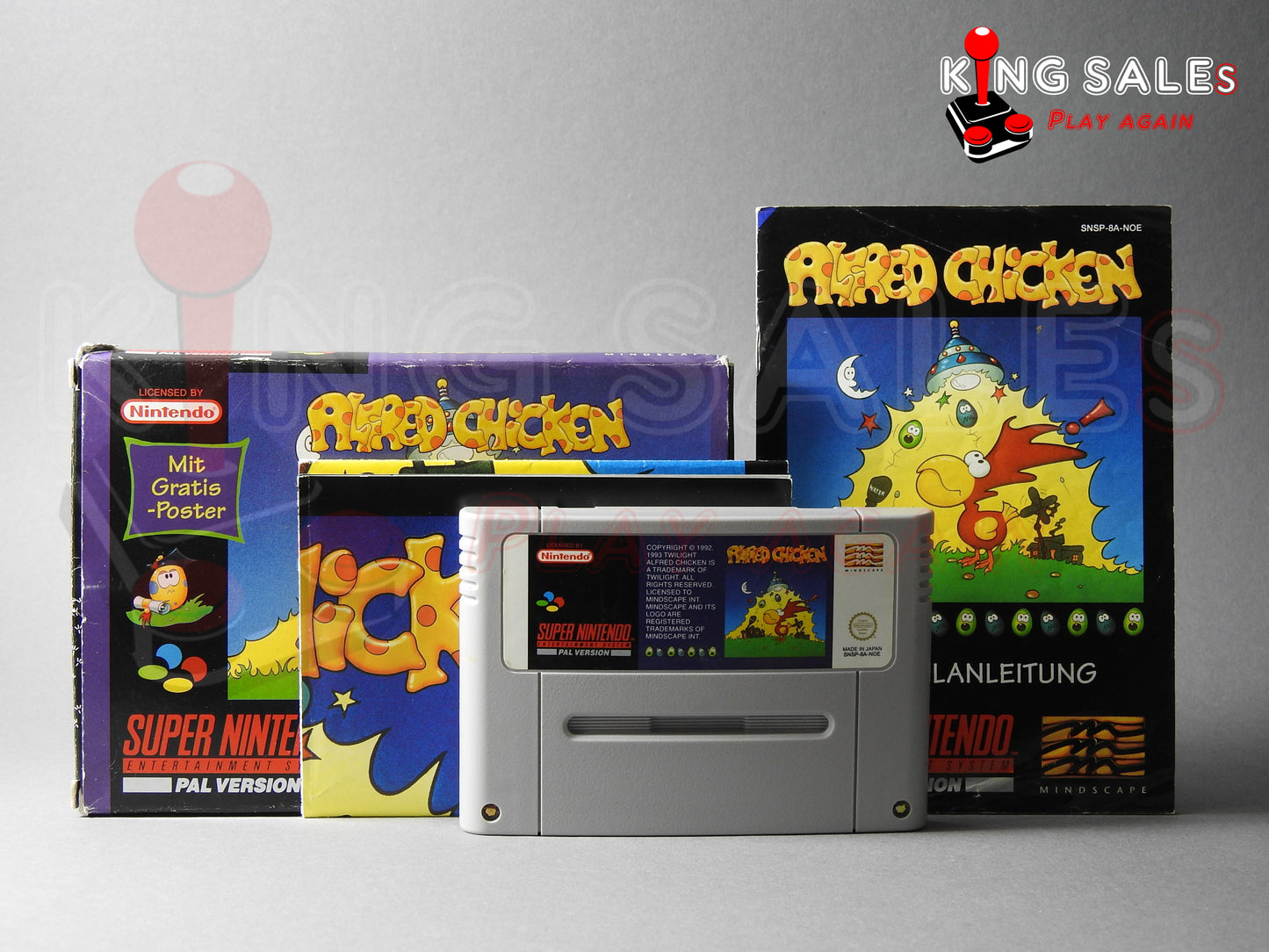 Super Nintendo Videospiel Alfred Chicken in Originalverpackung mit Anleitung und Modul