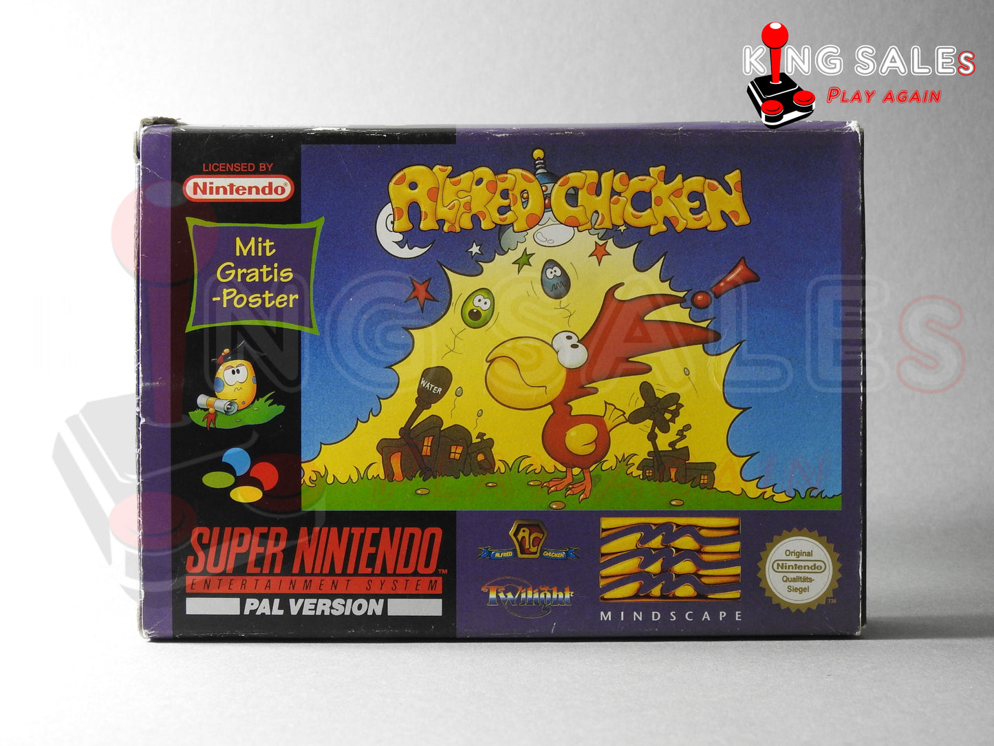 Super Nintendo Videospiel Alfred Chicken in Originalverpackung von vorne