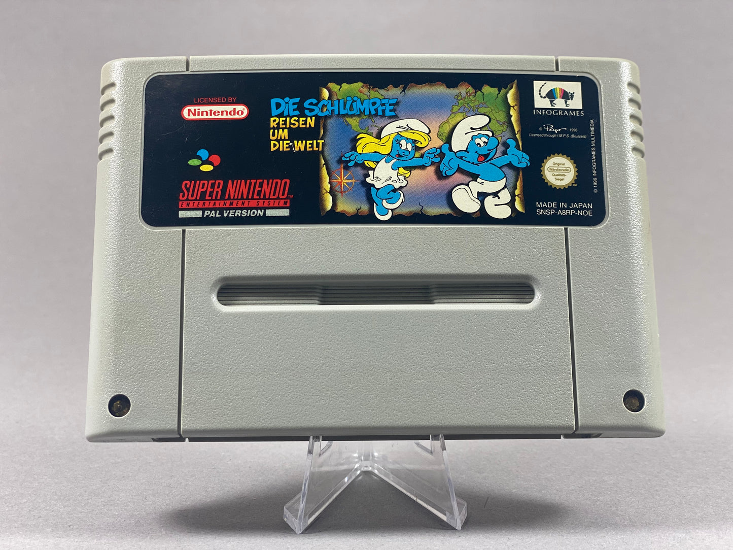 Super Nintendo Videospiel Die Schlümpfe Reise umd die Welt Modul von vorne