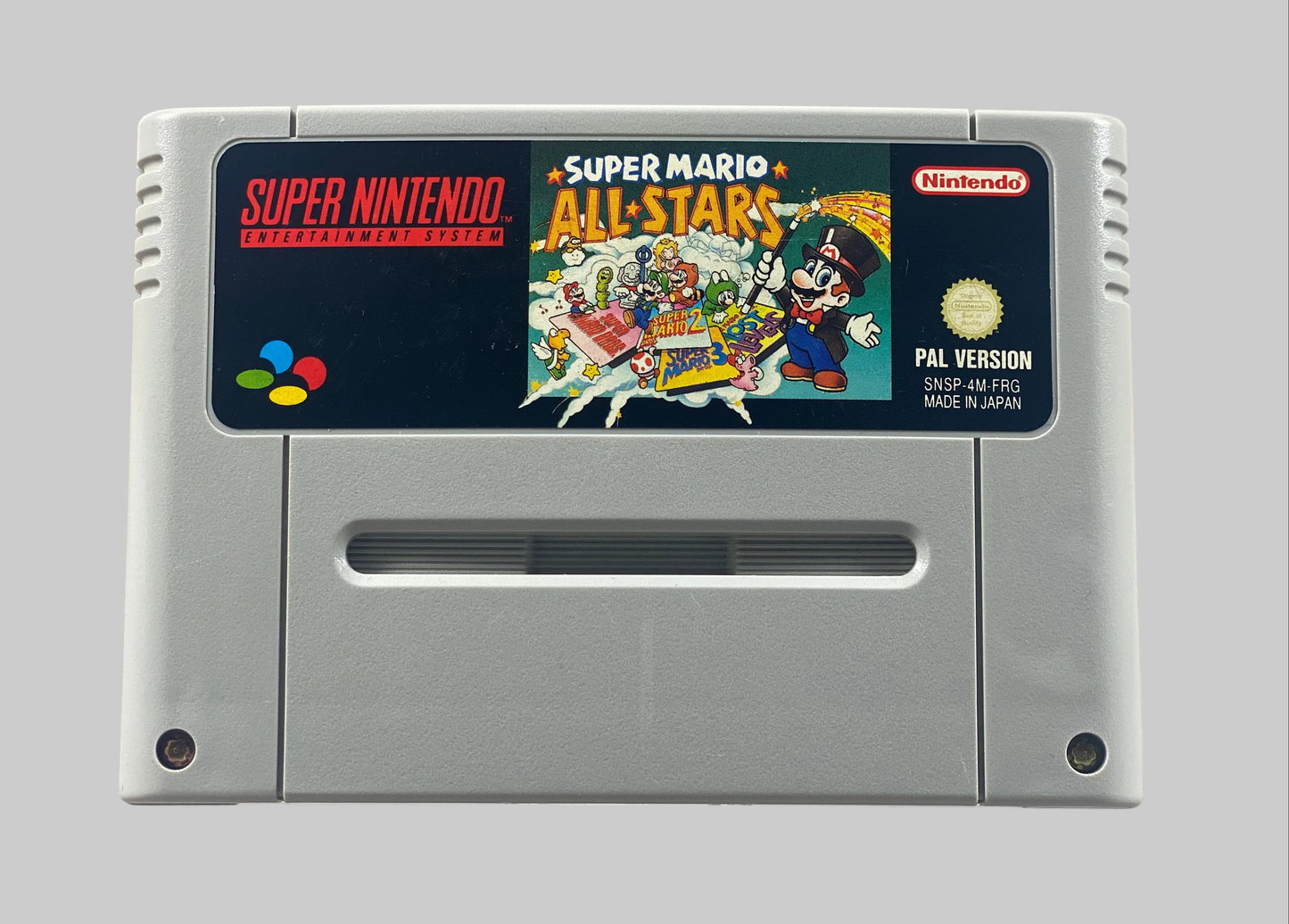 Super Nintendo Videospiel Super Mario All-Stars Modul von vorne