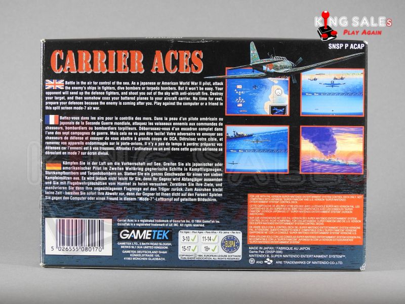 Super Nintendo Videospiel Carrier Aces in Originalverpackung von hinten