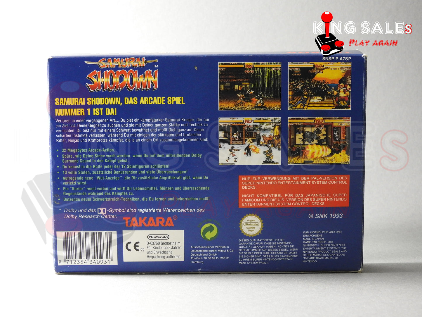 Super Nintendo Videospiel Samurai Shodown in Originalverpackung von hinten