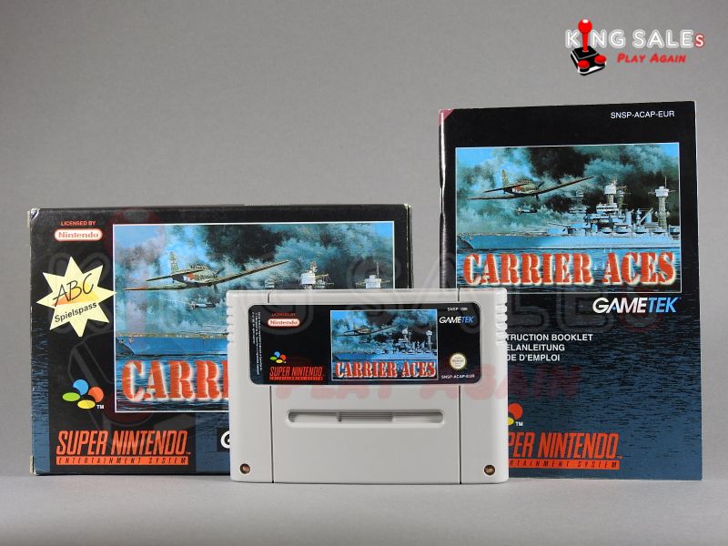 Super Nintendo Videospiel Carrier Aces in Originalverpackung von vorne mit Anleitung und Modul