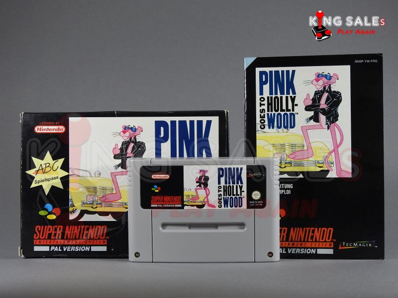 Super Nintendo Videospiel Pink goes to Hollywood in Originalverpackung von vorne mit Anleitung und Modul