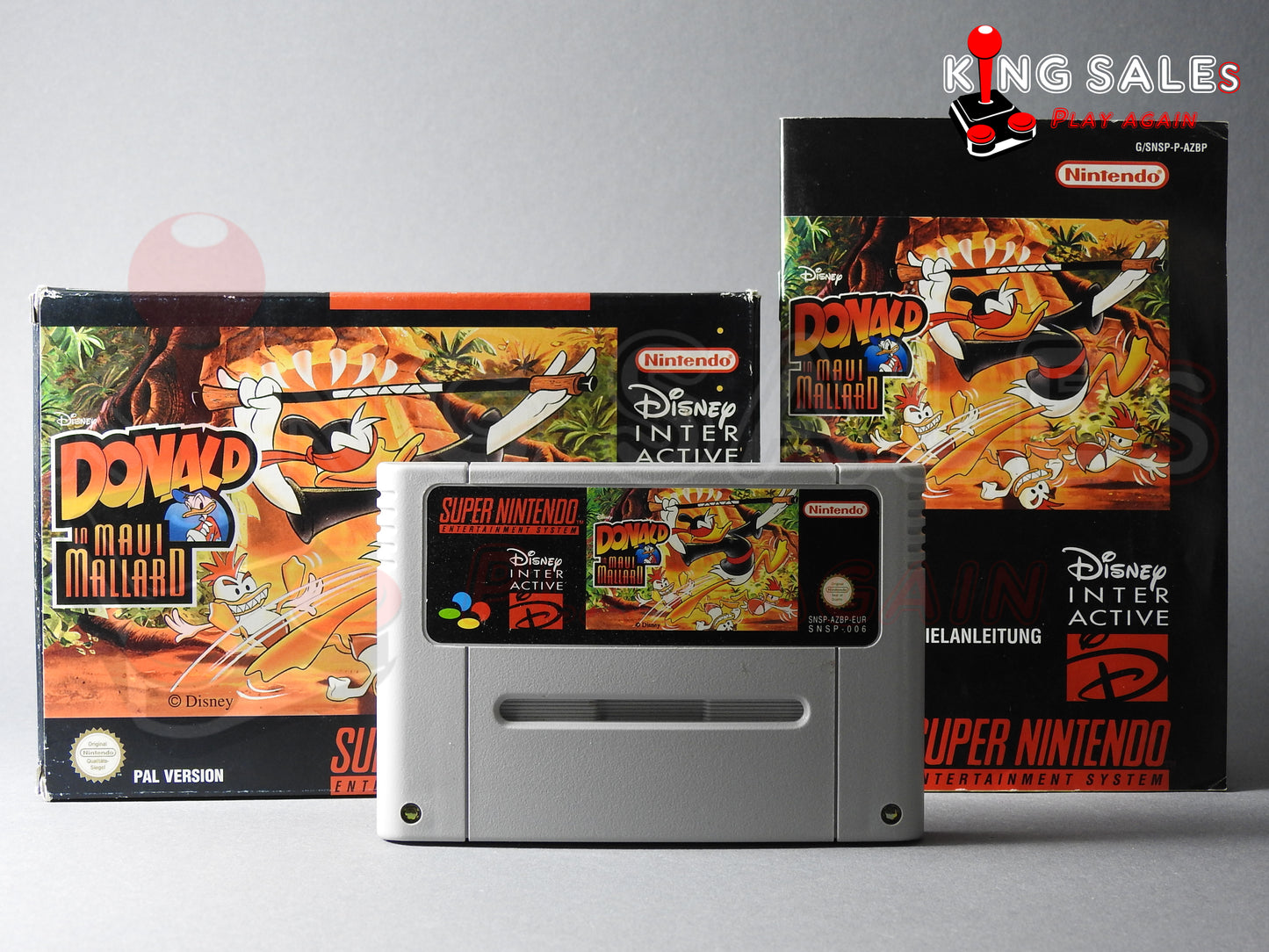 Super Nintendo Videospiel Donal in Maui Mallard in Originalverpackung von vorne mit Anleitung und Modul
