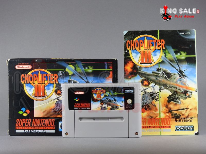 Super Nintendo Videospiel Choplifter 3 in Originalverpackung von vorne mit Anleitung und Modul