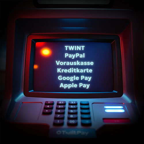Retrofuturistisches Bezahlterminal, das eine Liste aller Zahlungsmethoden von King Sales zeigt - Twint, PayPal, Vorauskasse, Kreditkarte, Google Pay und Apple Pay