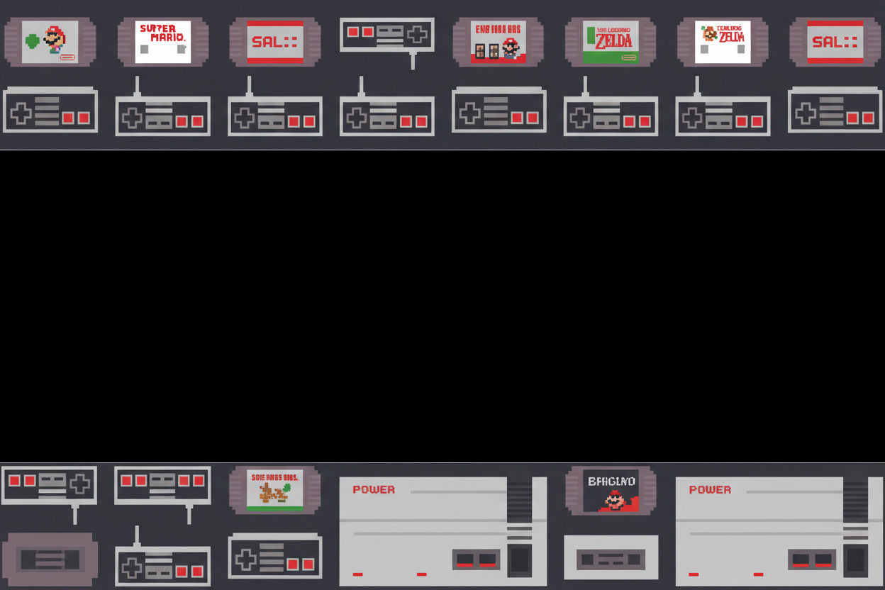 Nintendo NES Klassiker als Module mit NES Controller oben und unten am Rand