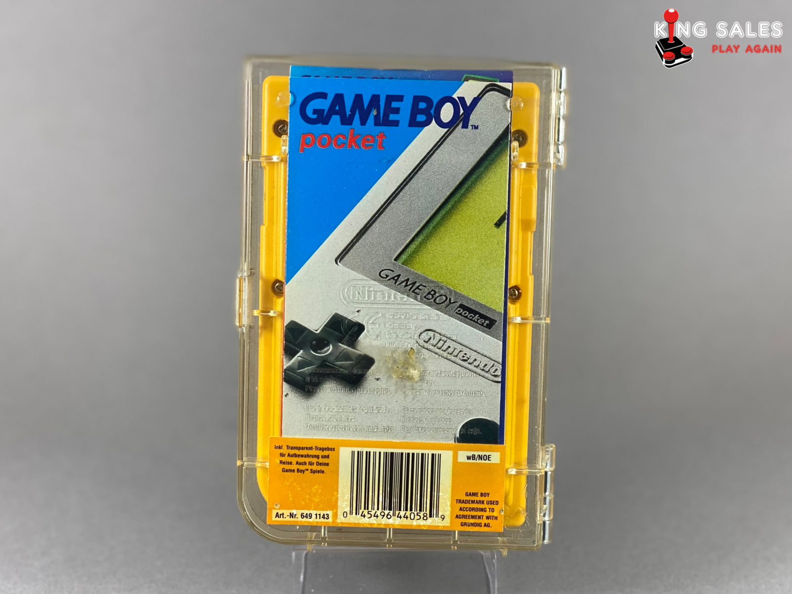 Game Boy Pocket gelb in OVP Acryl Case von hinten