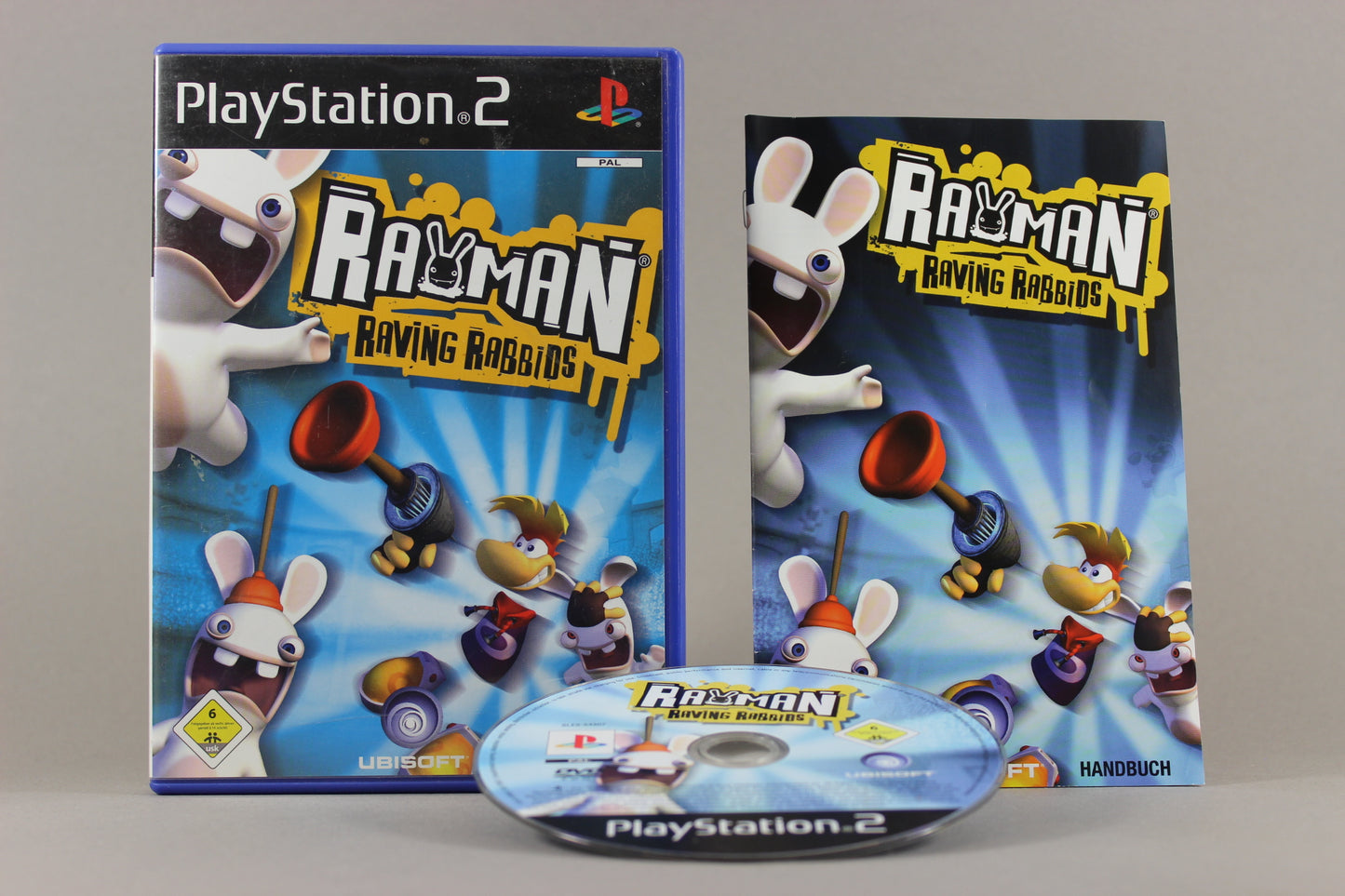 PlayStation 2 Videospiel Rayman Raving Rabbits Hülle mit Anleitung und Disc