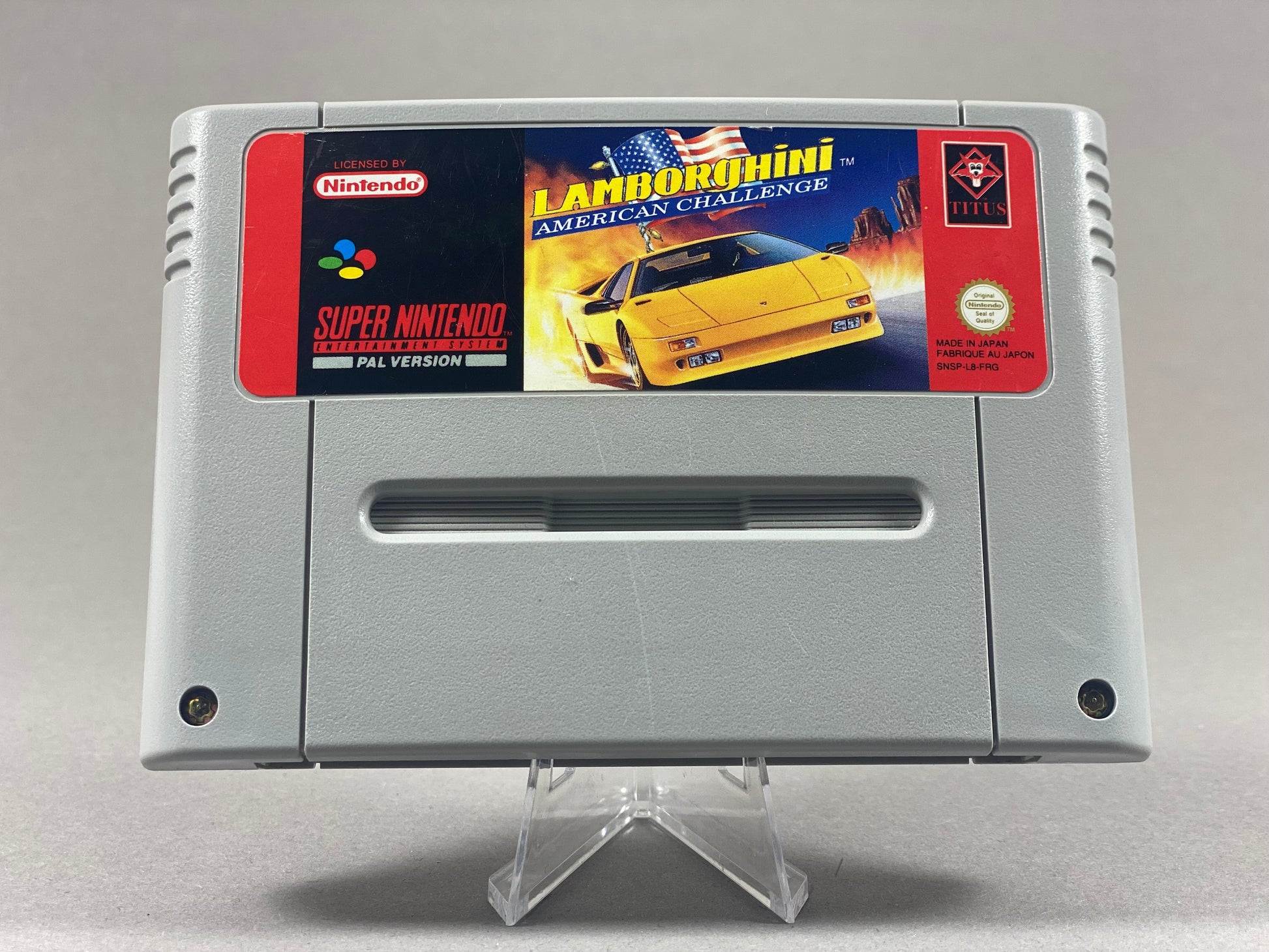 Super Nintendo Videospiel American Lamborghini Challenge Modul von vorne