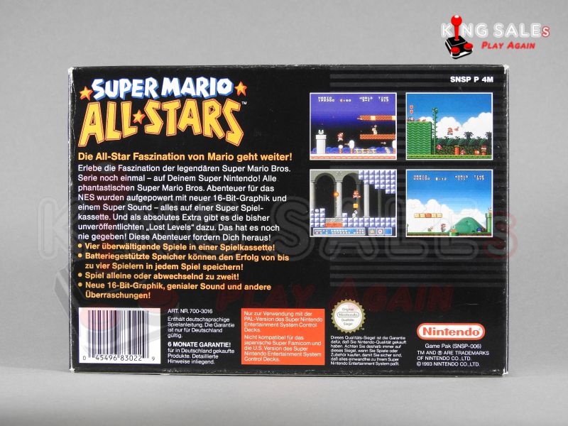 Super Nintendo Videospiel Super Mario All-Stars in Originalverpackung von hinten