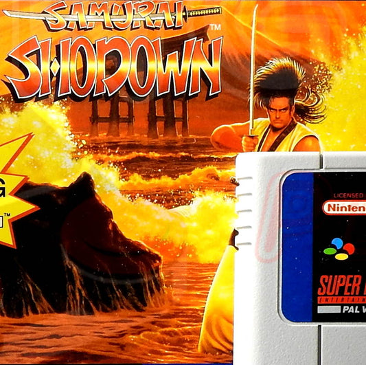 Super Nintendo Videospiel Samurai Shodown in Originalverpackung von vorne mit Anleitung und Modul