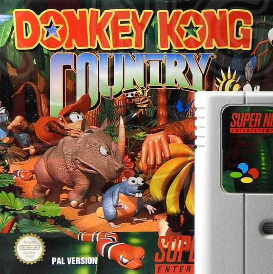 Super Nintendo Videospiel Donkey Kong Country in Originalverpackung von vorne mit Anleitung und Modul