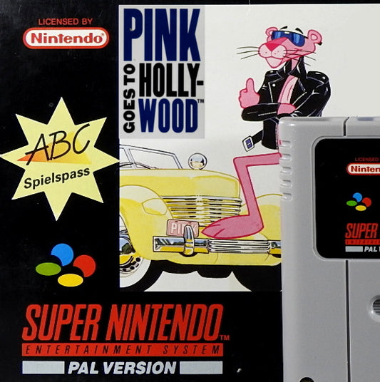 Super Nintendo Videospiel Pink goes to Hollywood in Originalverpackung von vorne mit Anleitung und Modul