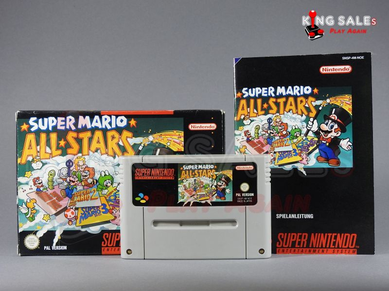 Super Nintendo Videospiel Super Mario All-Stars in Originalverpackung von vorne mit Anleitung und Modul