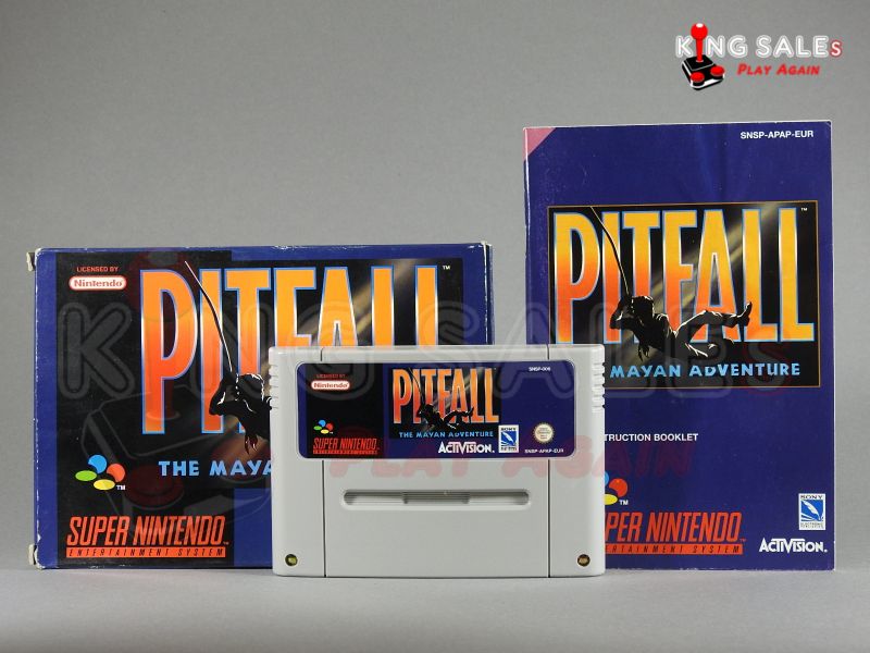 Super Nintendo Videospiel Pitfall in Originalverpackung von vorne mit Anleitung und Modul