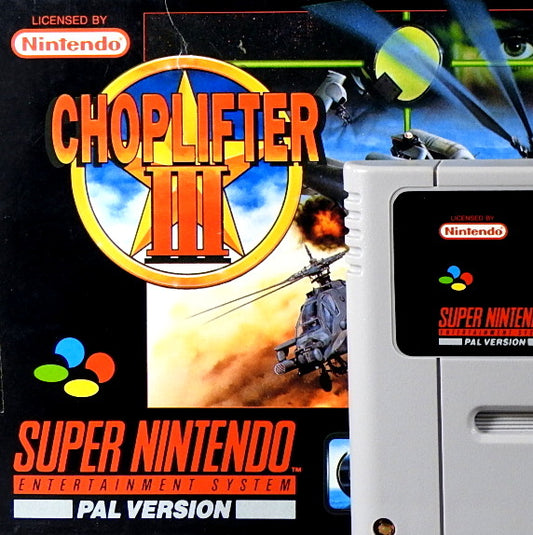 Super Nintendo Videospiel Choplifter 3 in Originalverpackung von vorne mit Anleitung und Modul