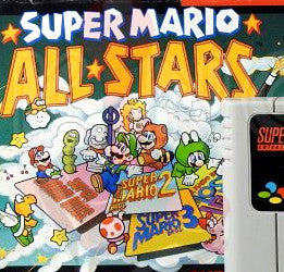 Super Nintendo Videospiel Super Mario All-Stars in Originalverpackung von vorne mit Anleitung und Modul