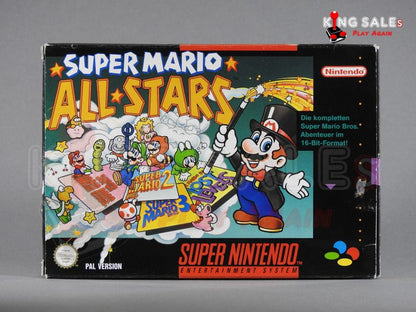 Super Nintendo Videospiel Super Mario All-Stars in Originalverpackung von vorne